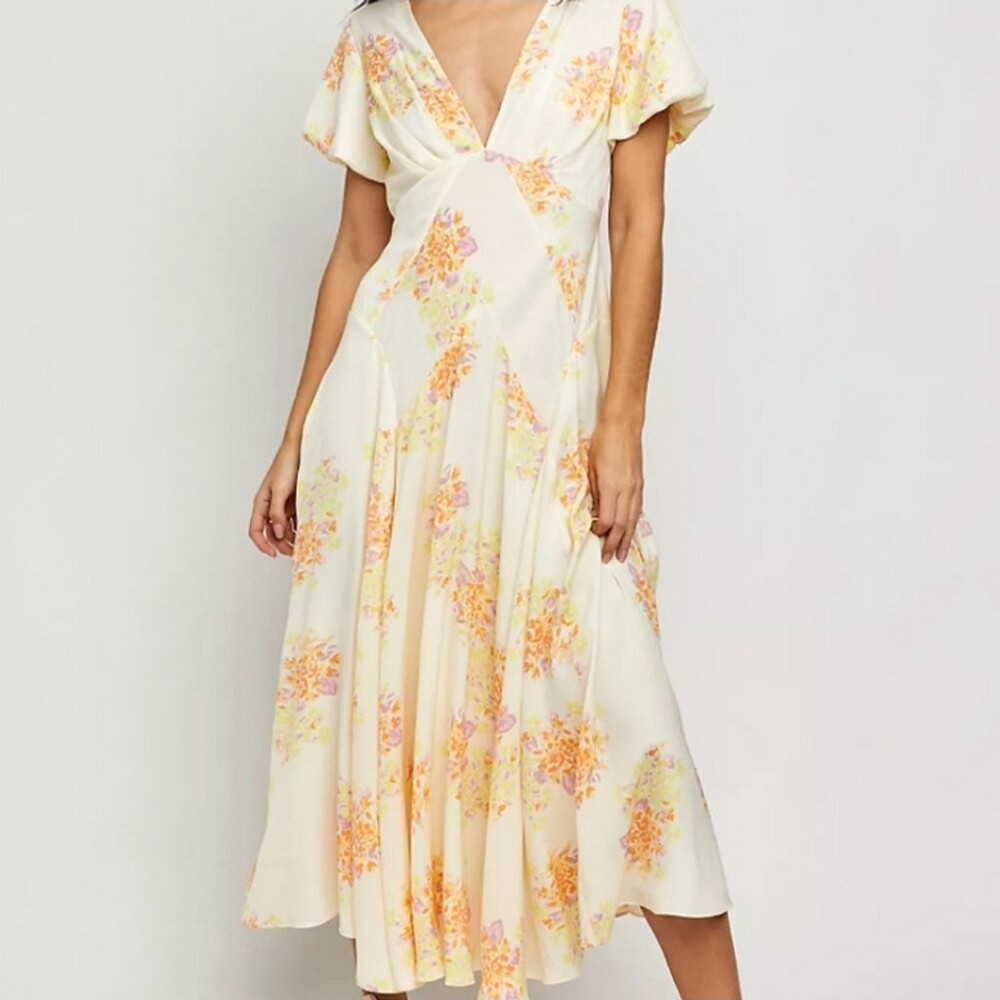 Floral Free People V-Neck Midi Dress in Light Yellow